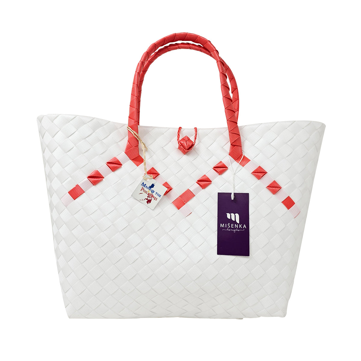 Misenka Handicrafts Philippine Bayong Pearl White Coral Red Classic Two Tone Bag - SALE 50% OFF