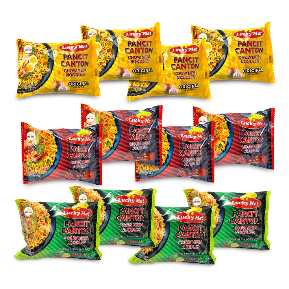 Lucky Me Pancit Canton 12-Pack – Original, Chilimansi & Hot Chili 60g - Shop Sari Sari