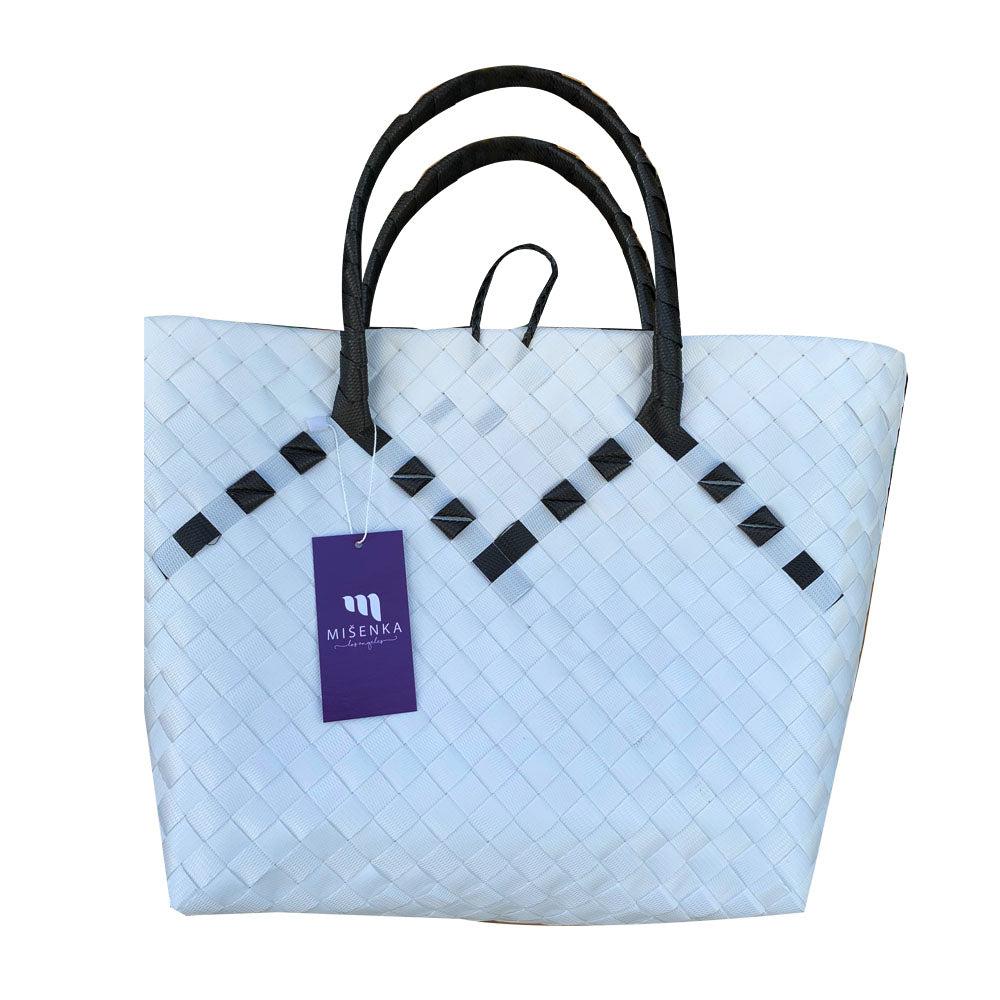 Misenka Handicrafts Philippine Bayong Pearl White Midnight Black Classic Two Tone Bag - SALE 50% OFF