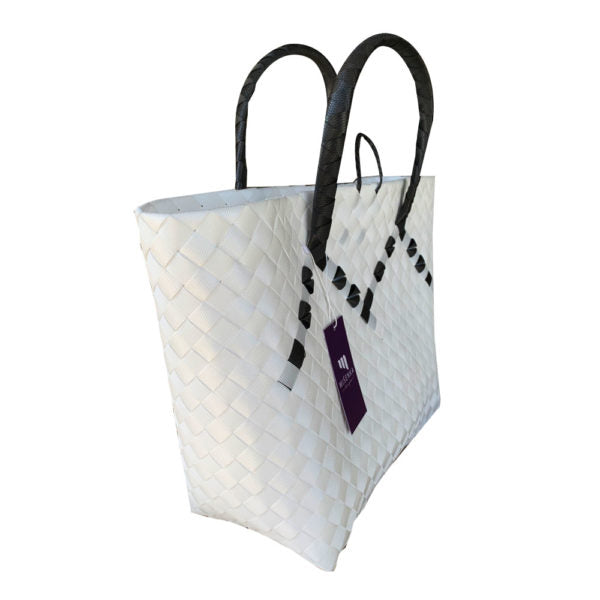 Misenka Handicrafts Philippine Bayong Pearl White Midnight Black Classic Two Tone Bag - SALE 50% OFF