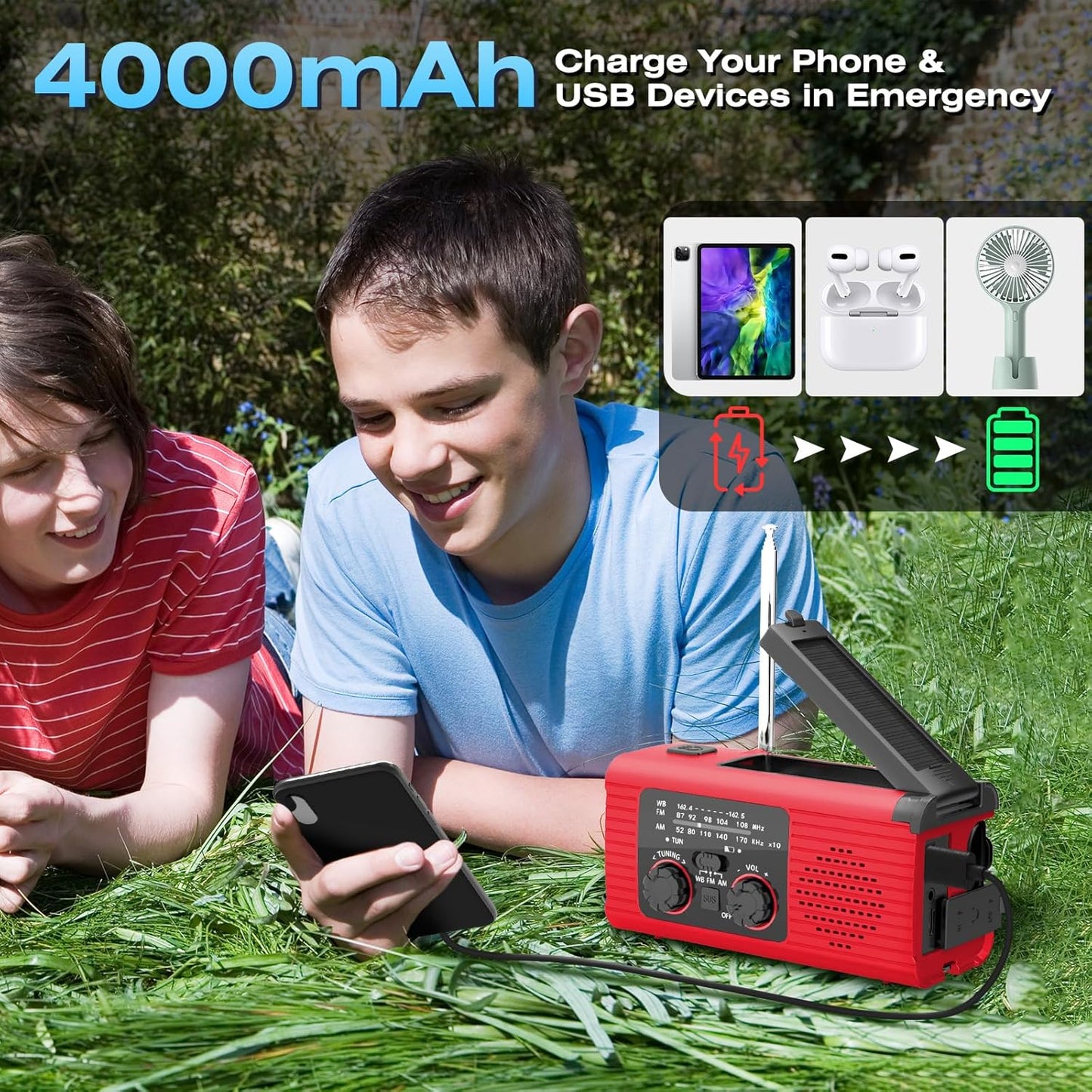 VybeSounds Hand-Crank Radio, Red