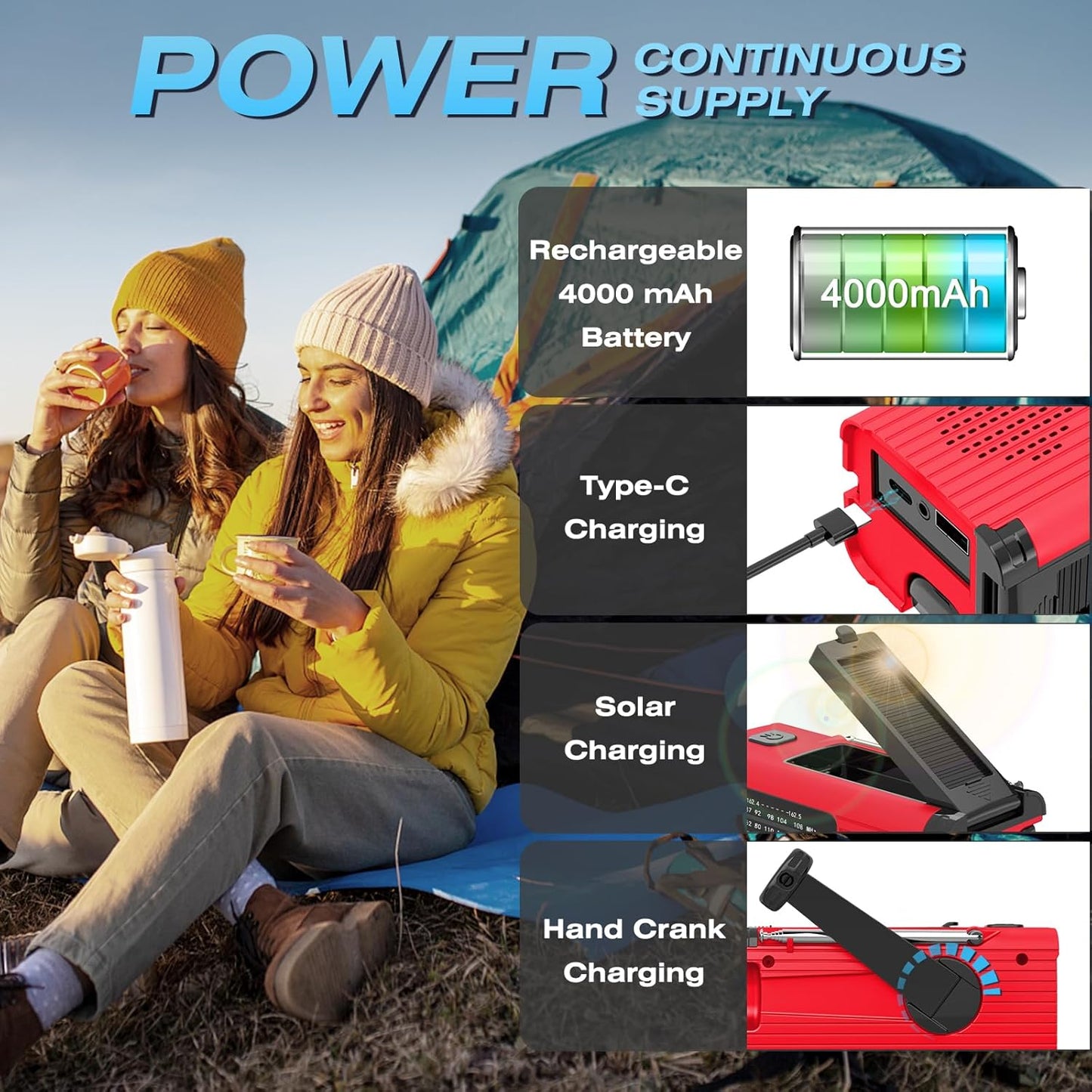 VybeSounds Hand-Crank Radio, Red