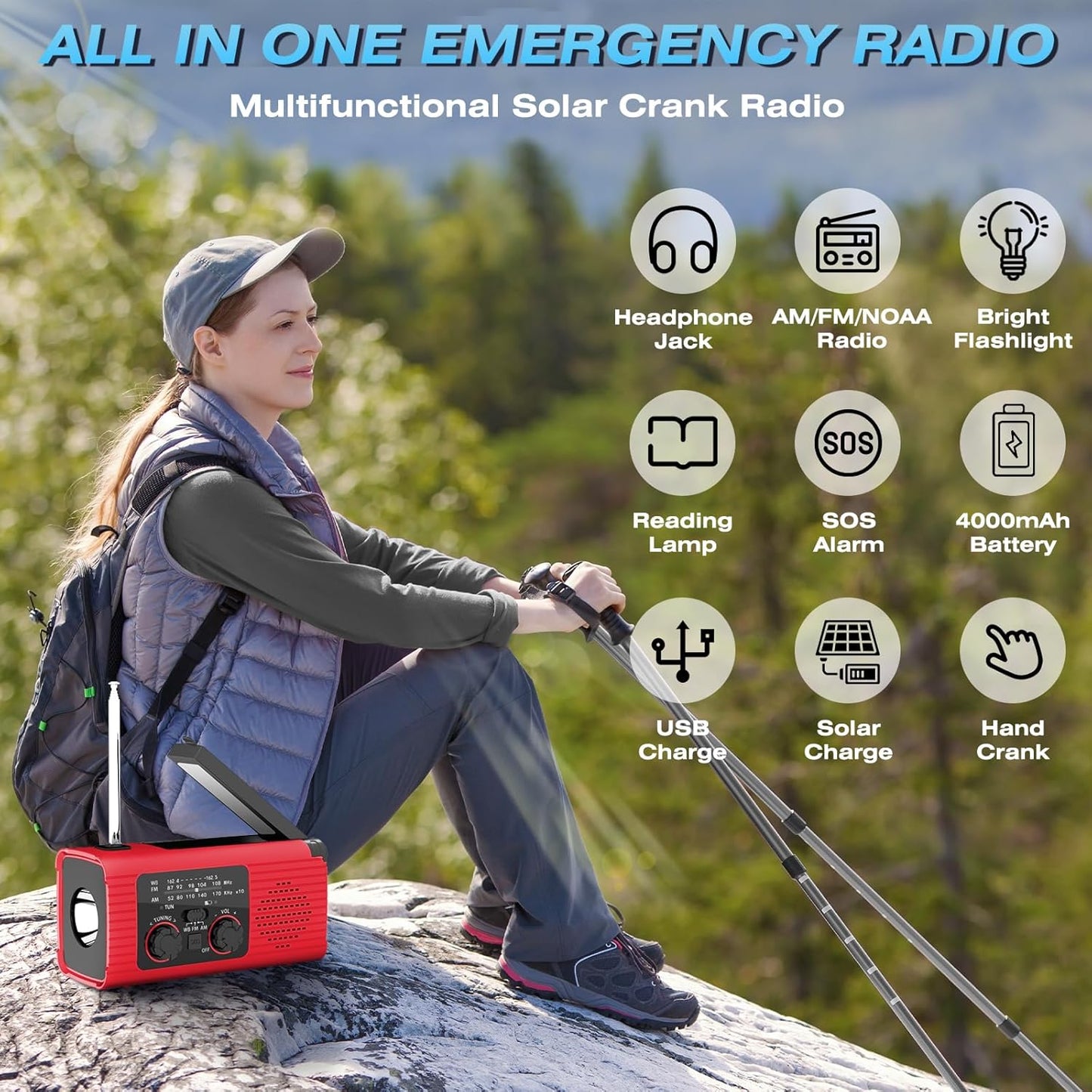 VybeSounds Hand-Crank Radio, Red