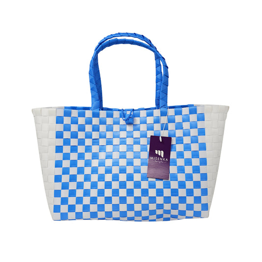Misenka Handicrafts Philippine Bayong Pearl White / Azure Blue Classic Checkered Bag - SALE 50% OFF