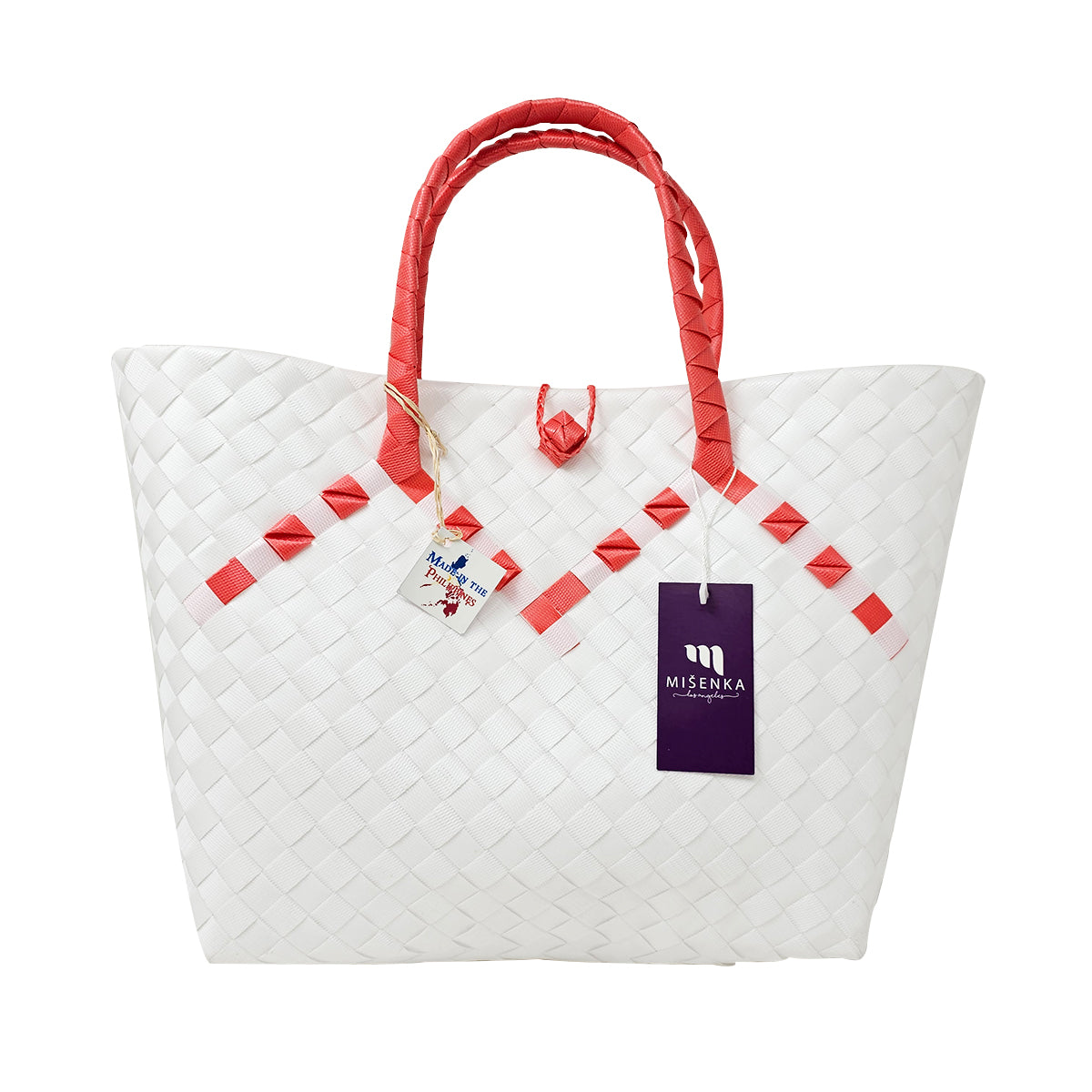 Misenka Handicrafts Philippine Bayong  Pearl White  Coral Red Classic Two Tone Bag