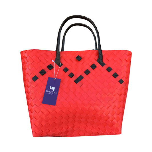 Misenka Handicrafts Philippine Bayong Coral Red / Midnight Black Classic Two Tone Bag - SALE 50% OFF