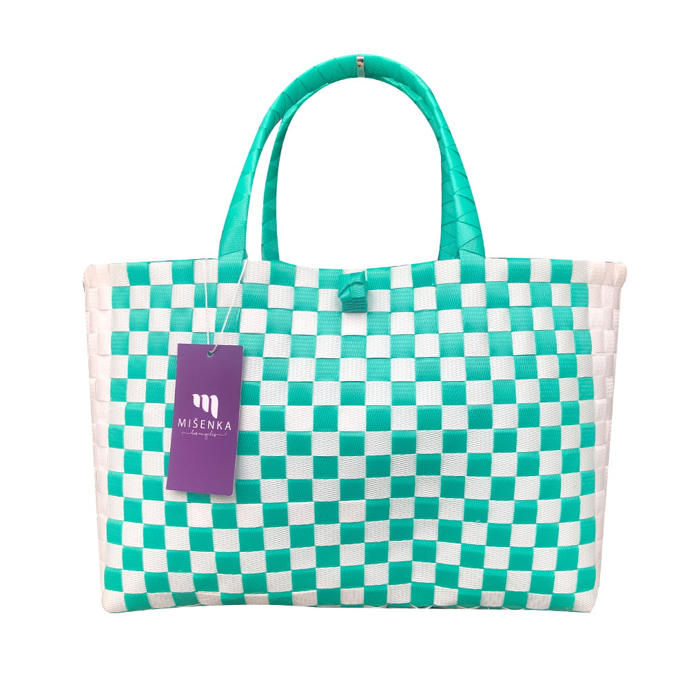 Misenka Handicrafts Philippine Bayong Pearl White / Mint Green Classic Checkered Bag - SALE 50% OFF