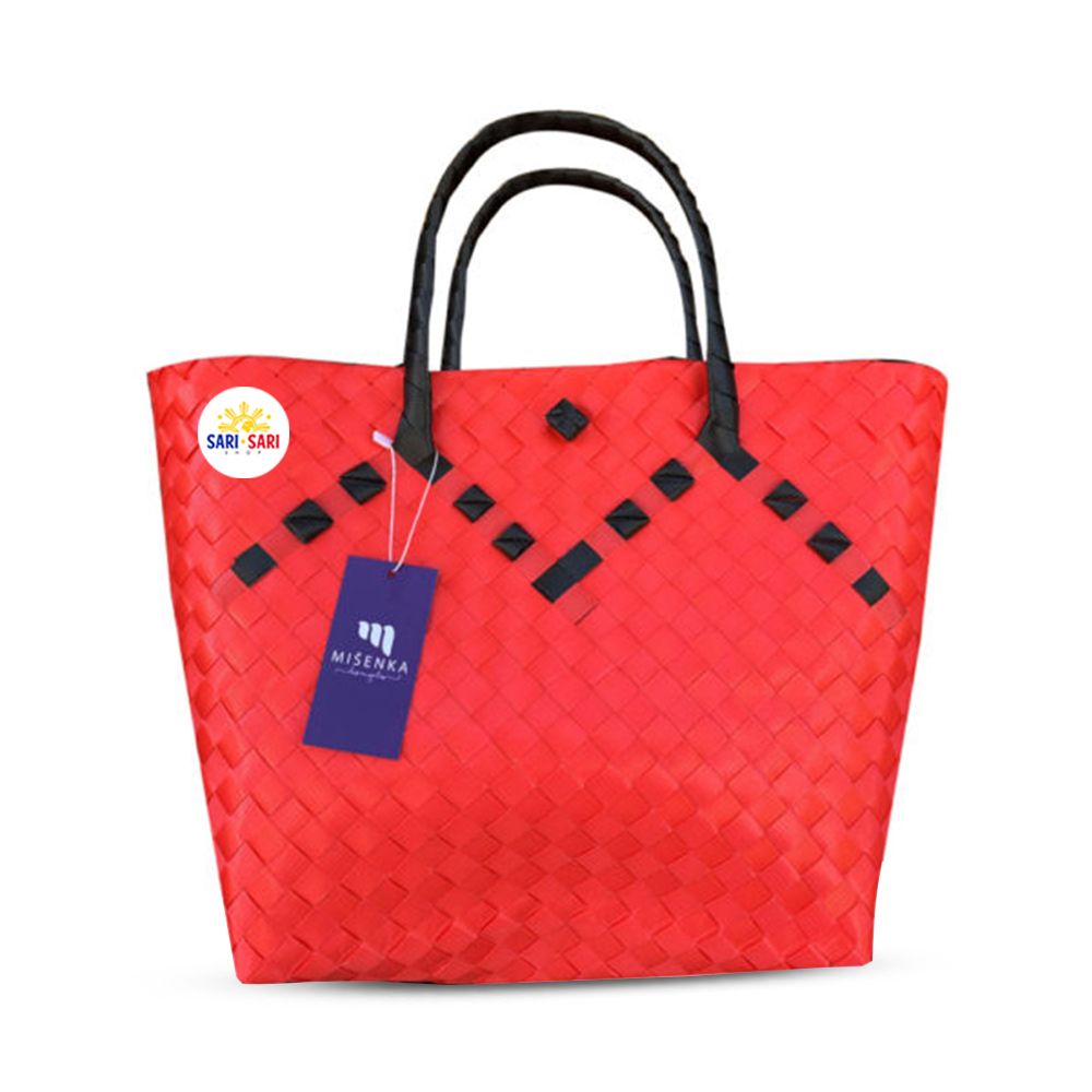 Misenka Handicrafts Philippine Bayong Coral Red Midnight Black Two Tone Classic Bag - SALE 50% OFF